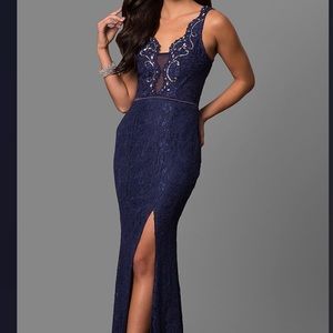 Long lace dress with slit and laced up back (Navy)